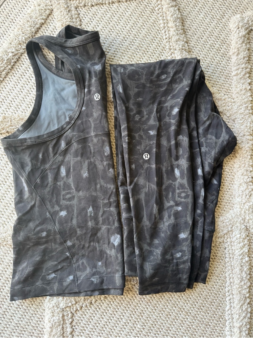 lululemon athletica Charcoal Gray Printed Racerback Tank with matching leggings.